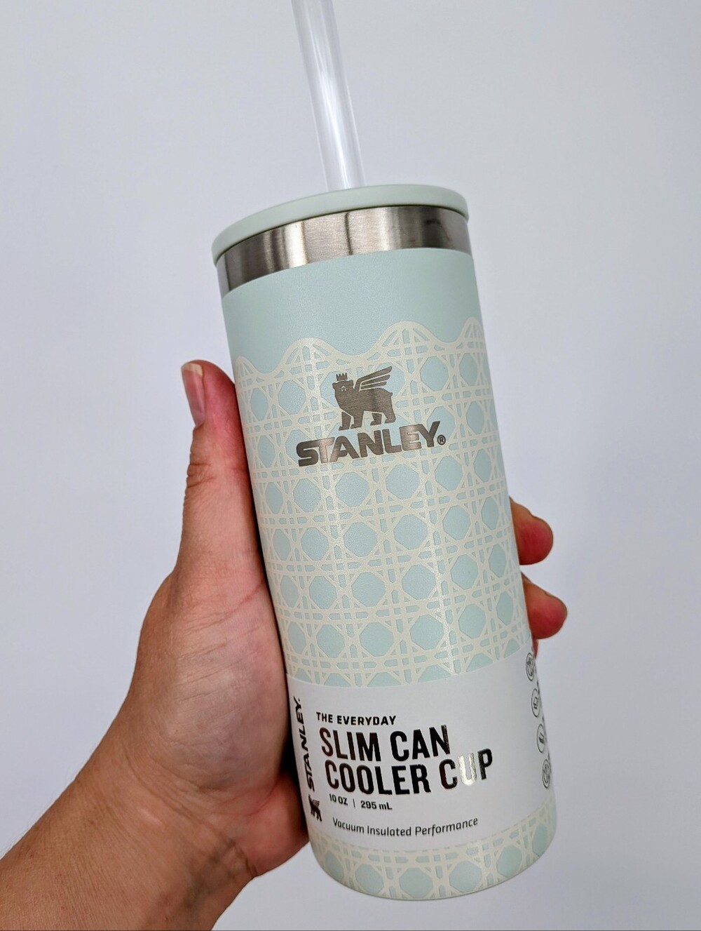 New Stanley The Everyday Slim Can Cooler Cup & Lid 10 OZ aqua mist rattan 2026